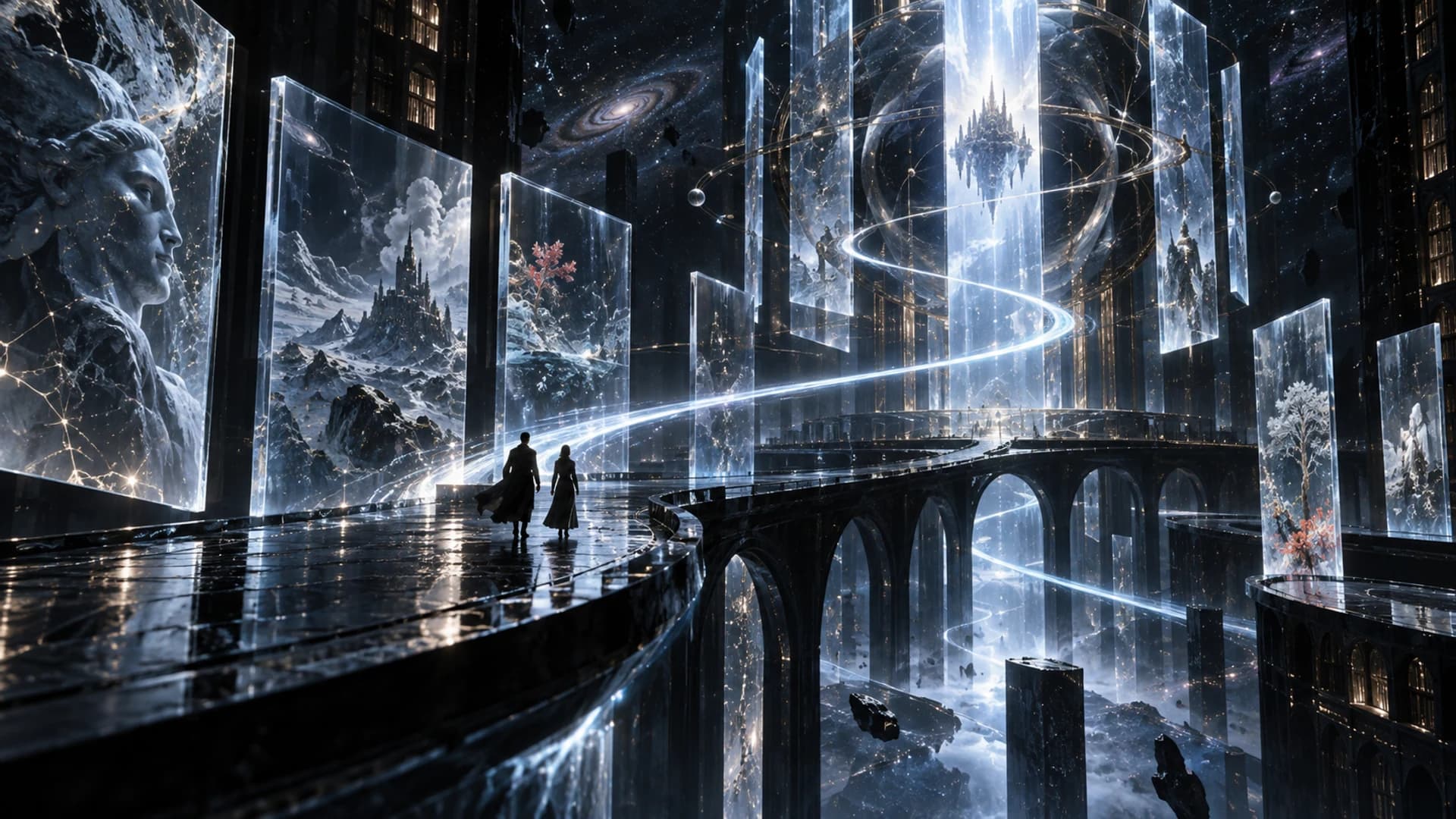 蓝色宇宙空间中的电影化人物场景
